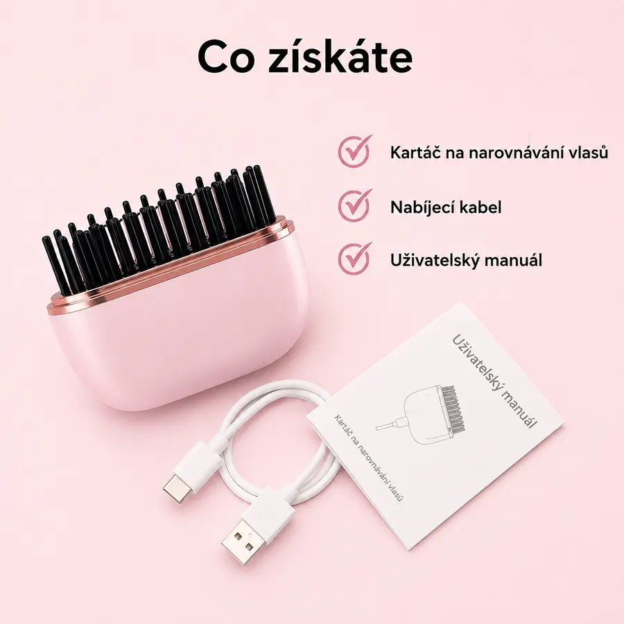 Obsah balení GlowBrush s USB-C kabelem a manuálem